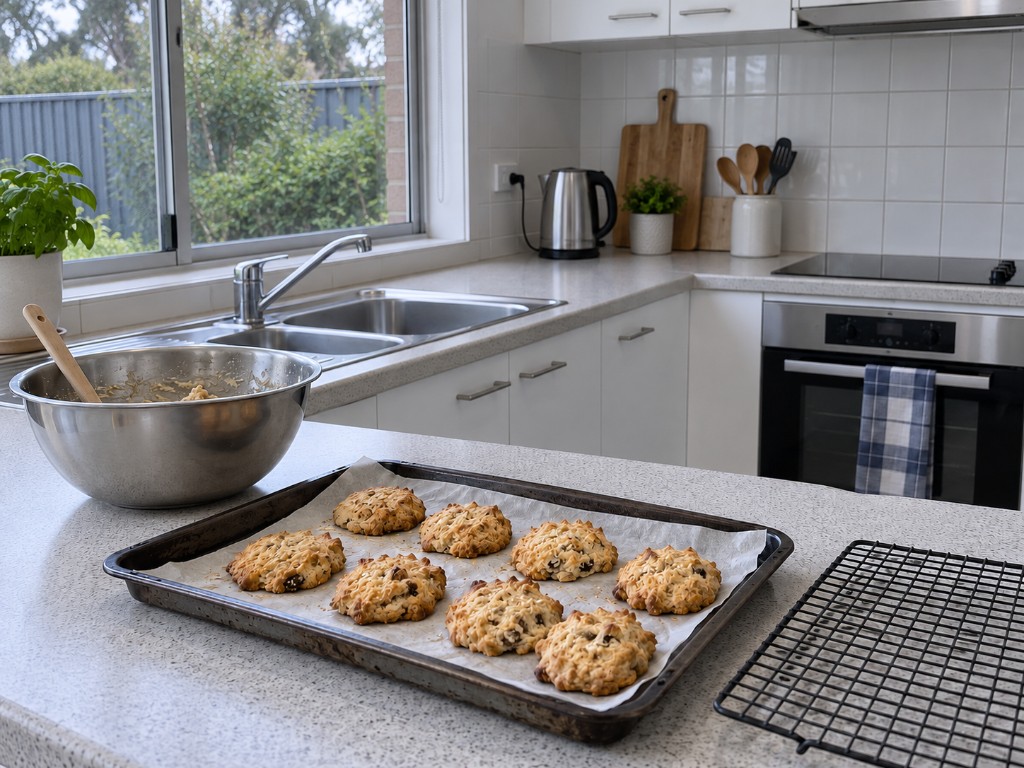Biscuits cooling on a tray beside a mixing bowl in a home kitchen