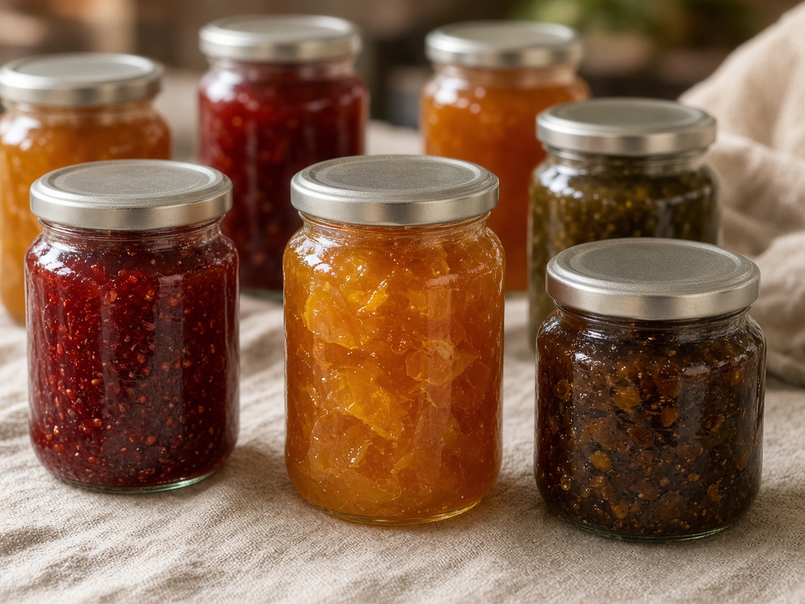 Jars of homemade jam, marmalade and chutney on a linen cloth