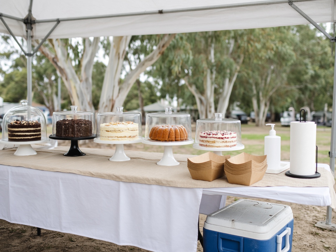 Cakes under covers at an outdoor market stall, with a cooler, handwash pump and paper towels